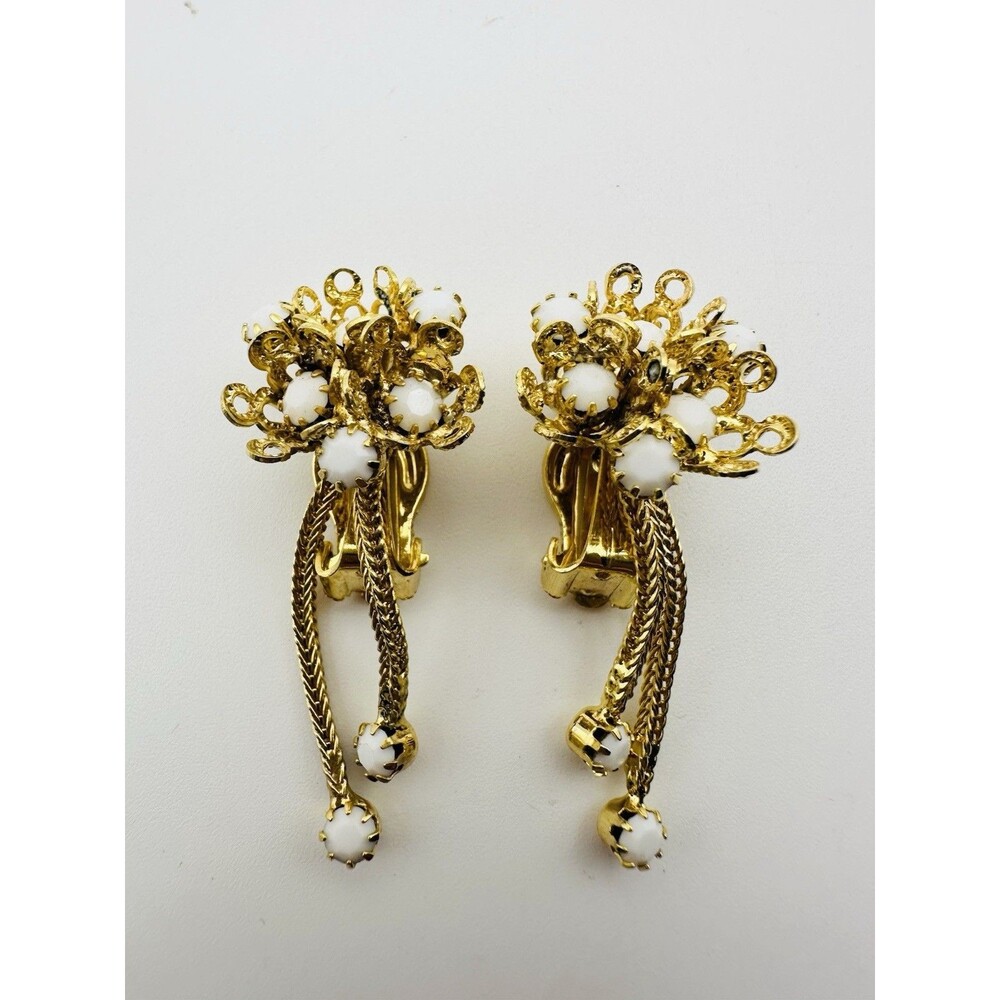 Vintage Tassel Rhinestone Clip On Earrings Gold Tone